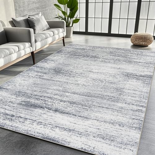 5x7 Washable Area Rugs for Living Room,Bedroom,Dining Room (Grey Cream) | Minimal,Ultra Soft Faux Wool,Kids & Pet Friendly,Machine Washable,Non-Slip & Non-Shedding,Large Low Pile Vintage Carpets - color: Grey-cream, size: 5' x 7' (Rectangular)