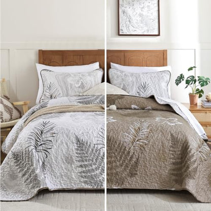 DJY Brown Quilts Queen Size Floral Leaves Bedspread Reversible Coverlet Set, Fall Quilt Bedding Set 3 Pieces Soft Lightweight Botanical Bedding Cover 96''x90'' - color: Brown White, size: Queen