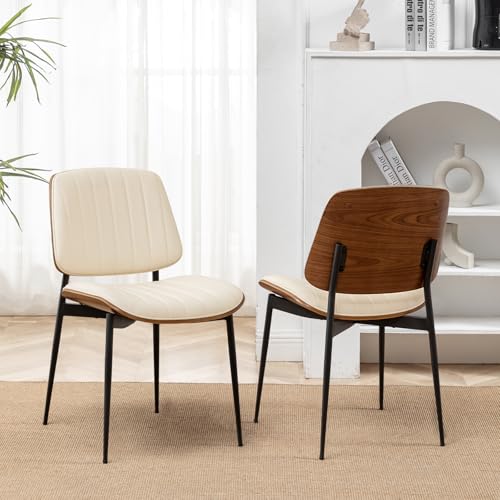 LUNLING Dining Room Chairs Set of 2 Mid Century Modern Retro Beige Faux Leather Chair with Walnut Bentwood Upholstered Seat Metal Legs Kitchen Chairs Adjustable Foot for Kitchen Dining Room - color: Beige, size: Set of 2