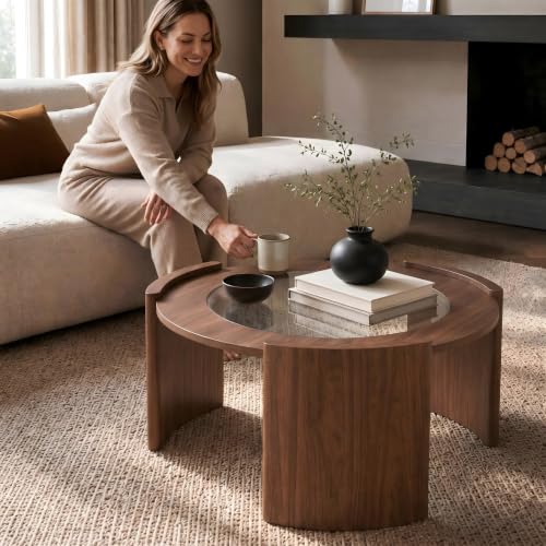 KEIKI Mid-Century Modern Round Coffee Table, 31.5" Wood & Tempered Glass Center Table, Circular Cocktail Table w/Thick Curved Legs, Raised Edge Design for Living Room, Apartment, Walnut Transparent - color: Walnut Transparent