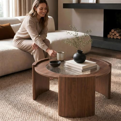 KEIKI Mid-Century Modern Round Coffee Table, 31.5" Wood & Tempered Glass Center Table, Circular Cocktail Table w/Thick Curved Legs, Raised Edge Design for Living Room, Apartment, Walnut Transparent - color: Walnut Transparent