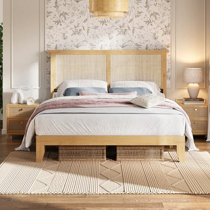 Rattan Bed Frame Full Size with Natural Rattan Headboard, Bohemian Rattan Bed Frame with LED Lights, Solid Wood Foundation with Silent Slats, No Box Spring Needed - size: Full