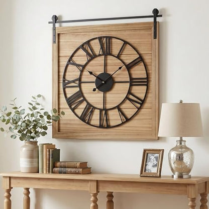 EMAX HOME 24 Inch Large Farmhouse Wall Clock, Unique Square Rustic Solid Wood Frame with Black Metal Hanging Rod, Silent Non-Ticking Quartz Movement, for Living Room, Bedroom, Kitchen - color: Brown 2
