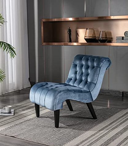Comfy Velvet Accent Chair, Tufted Armless Side Chair with Rolled Edge | Modern Small Lounger for Living Room, Upholstered Reading Chaise Lounge with Solid Rubber Wood Legs, Blue - color: Blue, size: Set of 1