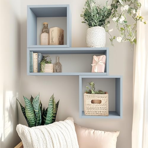 Wall Mount Shelf Set of 3, Floating Cube Shelves for Space Discovery Home and Commercial Use, Large Size Shelves Set, Peace Blue - color: Peace Blue, size: Set3