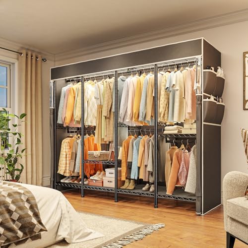 Raybee Clothes Rack with Cover, Heavy Duty, 1150lbs Capacity, Adjustable | 76" W Freestanding, Zipper Dust Cover, 5 Rods & 6 Shelves, Tool-Free Assembly, Space-Saving for Closet, Bedroom, Black - color: Black, style: Clothing Rack with Cover
