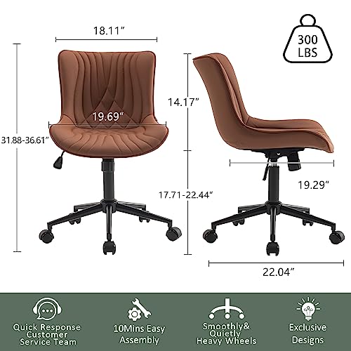 YOUTASTE Coffee Brown Office Chair Modern Armless Desk Chair with Wheels Adjustable Swivel Rocking Rolling Computer Study Chairs Faux Leather Sewing Chairs with Back Stylish Vanity Chair - color: Coffee Brown