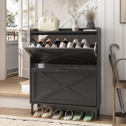 Maupvit Shoe Storage Cabinet with 2 Flip Drawers, Freestanding Organizer with Metal Legs for Entryway, Narrow Shoe Rack Cabinet, Black - color: Black, style: 2-Drawers