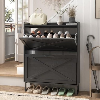 Maupvit Shoe Storage Cabinet with 2 Flip Drawers, Freestanding Organizer with Metal Legs for Entryway, Narrow Shoe Rack Cabinet, Black - color: Black, style: 2-Drawers