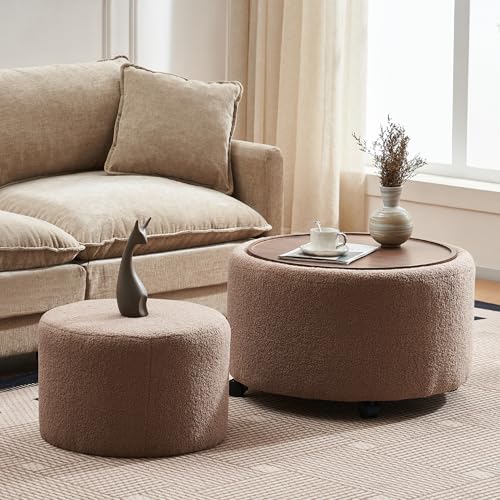 28 Inch Round Storage Ottoman with Wheels Set of 2, Multifunctional Coffee Table Ottoman with Removable Solid Wood Lid, Modern Circle Ottoman Foot Rest for Living Room, Bedroom, Brown - color: Brown