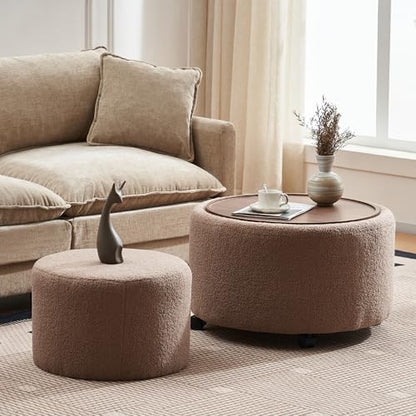 28 Inch Round Storage Ottoman with Wheels Set of 2, Multifunctional Coffee Table Ottoman with Removable Solid Wood Lid, Modern Circle Ottoman Foot Rest for Living Room, Bedroom, Brown - color: Brown