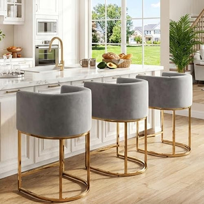 HNY Modern Counter Height Velvet Fabric Upholstered Counter Stools Set of 2, 24 Inch Kitchen Island Stool with Gold Finish Metal Frame, Grey - color: 24inch ,Grey,gold Base