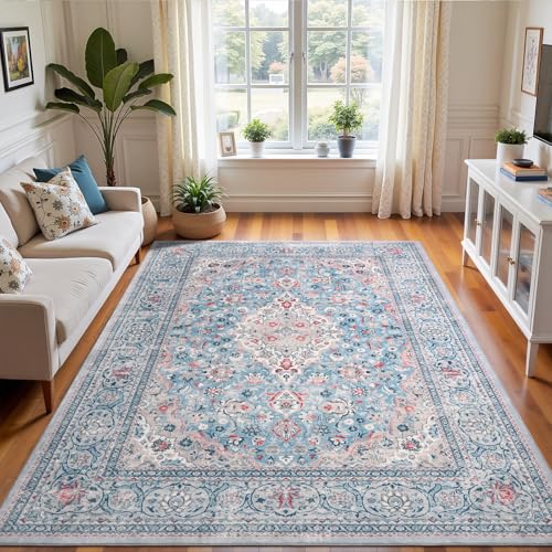 4x6 Blue Washable Boho Area Rug for Bedroom, Vintage Floral Non Slip Living Room Rugs, Soft Low Pile Indoor Mat, Aesthetic Pattern Carpet for Kitchen, Dining Room and Bedside - color: Blue, size: 4' x 6' (Rectangular)