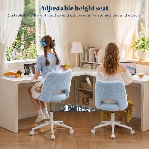 DurayLoly Vanity Chair with Wheels,Open Back, Armless,Light Blue | Chair Soft Teddy Fabric 6" Thick Cushion, Height Adjustable 17.5"–21.5", 360° Swivel for Vanity Table, Home Office - color: Light Blue