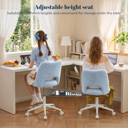 DurayLoly Vanity Chair with Wheels,Open Back, Armless,Light Blue | Chair Soft Teddy Fabric 6" Thick Cushion, Height Adjustable 17.5"–21.5", 360° Swivel for Vanity Table, Home Office - color: Light Blue