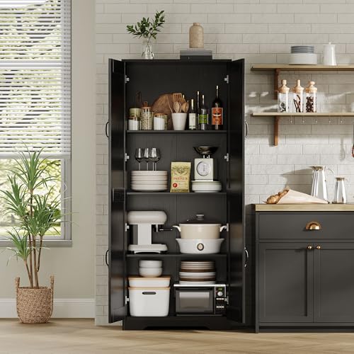 Garvee Tall Pantry Cabinet, 60" Kitchen Storage Cabinet with 2 Doors & Adjustable Shelves, Freestanding Wooden Cupboard for Bathroom，Dining Room, Living Room, Black | Kitchen Storage Cabinet with 2 Doors & Adjustable Shelves, Wooden Cupboard for Bathroom，
