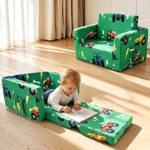 Kids Couch, 2-in-1 Kids Fold Out Couch | Convertible Sofa to Lounger for Girls and Boys, Soft Toddler Chairs Comfy 1-3 Years Old, Green Monster Truck - color: Green Monster Trunk