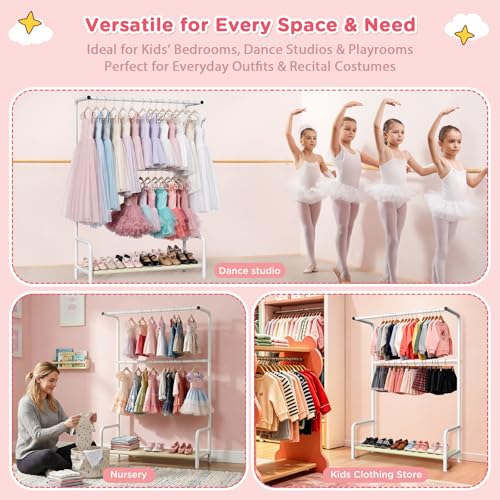 Kids Clothing Rack Double Rods for Bedroom Playroom White | Double Rod Design, Powder Coated Steel, Bottom Storage Shelf, for Baby Toddler Clothes, Dress Up, Nursery, Bedroom, Playroom - color: White