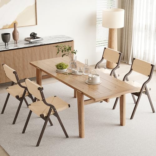 Wood Folding Chairs, Foldable Chairs Wooden Indoor Stackable Dining Chairs for Kitchen & Dining Room Chair Woven Seat & Webbing Back, Dining Chair Set of 2 - color: Light Walnut/Natural, Woven Rope