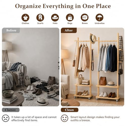 Small Clothes Rack Solid Wood Coat Rack Freestanding with Wheels | Space Saving, Stable 5 Hooks 2 Shelves Coat Tree, Silent 360 Degree Wheels, Heavy Duty 150 lb Capacity for Entryway Bedroom - color: Natural Wood, size: S: 15.7" x W: 11.8" x H: 70" (With