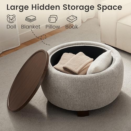 VKNOW 30" Round Storage Ottoman, Ottoman Coffee Table with Removable Wood Top and Solid Wood Legs for Living Room, Bedroom, Apartments(Brown) - color: Brown