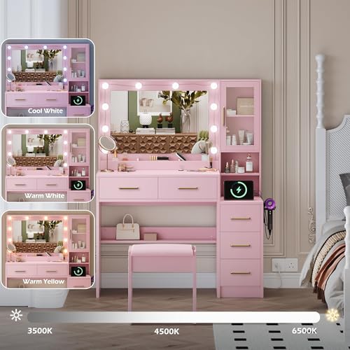 Makeup Vanity with Lights & Charging Station, Pink Vanity Table with 5 Drawers & Open Storage Shelves, Vanity Desk with Mirror & Lights, Dressing Table Set, Bedroom Makeup Table Set Gold Handle - size: 35.4 inch, style: Modern Pink