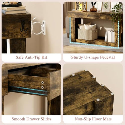 63'' Console Table with 3 Drawers and Open Storage, Entryway Table with Socket, LED Light and Hooks, Narrow Long Wood Sofa Table Behind Couch Table for Living Room, Hallway, Foyer, Brown - size: 63'' IN