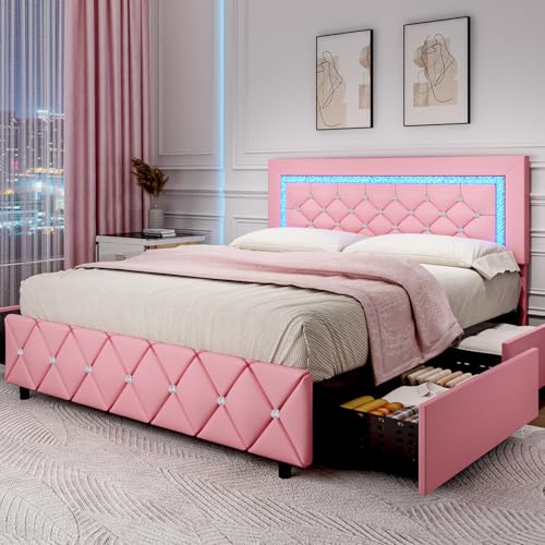 Queen Bed Frame with LED Lights, Upholstered Bed Frame with Storage Drawers | Princess Platform Bed with Diamond Headboard and Footboard, No Box Spring Needed, Pink - color: Pink, size: Queen