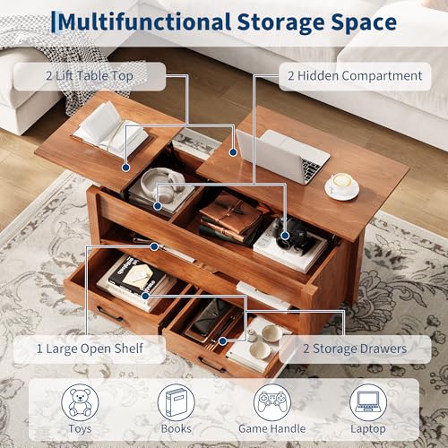 Multifunctional Lift Top Coffee Table, Convertible Wooden Coffee Table with 2 Drawers & Hidden Compartment, Storage Center Table for Living Room Home Office,Brown - color: Brown