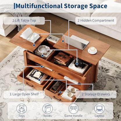 Multifunctional Lift Top Coffee Table, Convertible Wooden Coffee Table with 2 Drawers & Hidden Compartment, Storage Center Table for Living Room Home Office,Brown - color: Brown