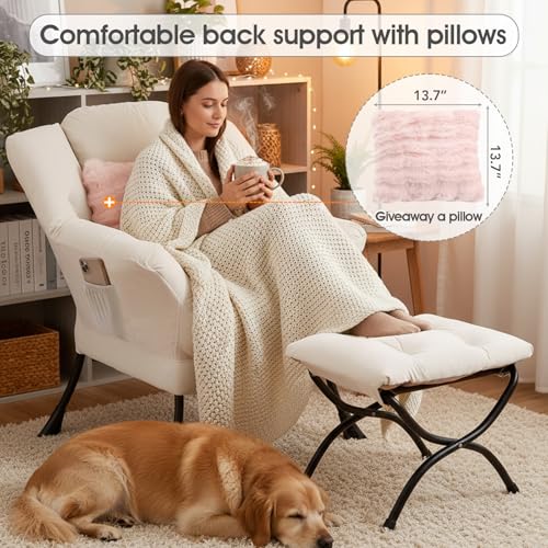 Lazy Chair with Ottoman, Comfy Reading Chair for Bedroom, Beige | Comfy Bedroom Accent Chair with Washable Removable Cover and extra throw pillow for Living Room Dorm - color: Velvet Beige