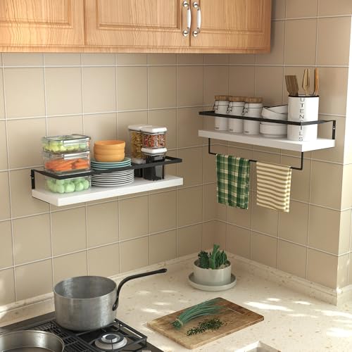 White Wood Floating Shelves Wall Mounted - 2+1 Tier Rustic Bathroom Wall Shelves Over Toilet with Towel Bar, Natural Wood Set of 2 Farmhouse Floating Shelf for Bathroom, Kitchen, Bedroom. - color: 2-tier White Bathroom Shelves, size: 2-Tier