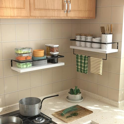 White Wood Floating Shelves Wall Mounted - 2+1 Tier Rustic Bathroom Wall Shelves Over Toilet with Towel Bar, Natural Wood Set of 2 Farmhouse Floating Shelf for Bathroom, Kitchen, Bedroom. - color: 2-tier White Bathroom Shelves, size: 2-Tier