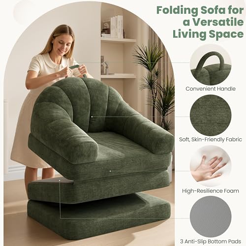 Yaheetech 93" Folding Sofa Bed Convertible Sofa Chenille, Green | Foldable Sofa Bed Convertible Chair Sleeper Chenille Couch with Handle, U-Shape Support for Living Room, Bedroom, Apartment - color: Green