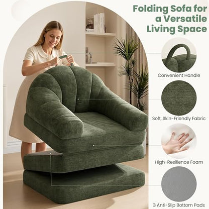 Yaheetech 93" Folding Sofa Bed Convertible Sofa Chenille, Green | Foldable Sofa Bed Convertible Chair Sleeper Chenille Couch with Handle, U-Shape Support for Living Room, Bedroom, Apartment - color: Green