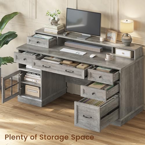 HAUOMS Farmhouse Executive Desk Computer Desk with Drawers，Grey | Executive Office Desk with File Drawers, Power Outlet, Led Lights, Storage Cabinet and Monitor Shelf for Home Office - color: Grey
