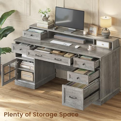 HAUOMS Farmhouse Executive Desk Computer Desk with Drawers，Grey | Executive Office Desk with File Drawers, Power Outlet, Led Lights, Storage Cabinet and Monitor Shelf for Home Office - color: Grey