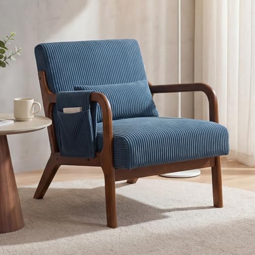 DUMOS Mid Century Modern Accent Chair, 17'' Seat Height with Side Pocket | Upholstered Small Side Chair with Waist Cushion and Wood Frame for Living Room, Bedroom, Reading Nook, Navy Blue - color: Navy Blue, size: Set of 1