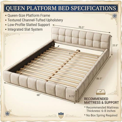 Chenille Fabric Upholstered Platform Bed Frame with Soft Headboard, Modern Low Profile Grounded Design, No Box Spring Needed, Sturdy MDF & Wood Frame, Neutral Style (Pink, Queen (U.S. Standard)) - color: Pink, size: Queen (U.S. Standard)