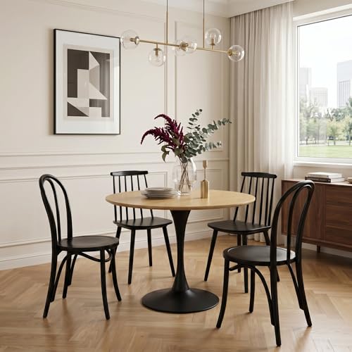 31.5" Round Tulip Table - Mid Century Modern Kitchen Dining Table | Natural Wood Grain Top & Black Pedestal Base, Space-Saving Table for Apartment, Breakfast Nook, Office, Small Dining Areas - color: Natural & Black, size: 31.5 Inch