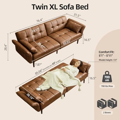 HALLYBEE 85" Futon Faux Leather Couch with Adjustable Armrests Brown | Futon Sofa Bed, Sleeper Sofa, Small Couch with Pillows, Side Pockets, Mid Century Modern, Living Room, Bedroom, Apartment - color: Brown