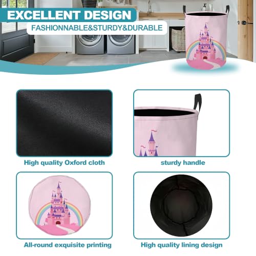 Princess Castle Dirty Clothes Hamper,Foldable Laundry Basket with Handles,Pink Rainbow Waterproof Oxford Cloth Storage Bin for Bedroom Bathroom Nursery,16 x 20 Inch - color: Princess Castle,Pink Rainbow