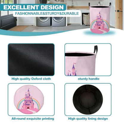 Princess Castle Dirty Clothes Hamper,Foldable Laundry Basket with Handles,Pink Rainbow Waterproof Oxford Cloth Storage Bin for Bedroom Bathroom Nursery,16 x 20 Inch - color: Princess Castle,Pink Rainbow