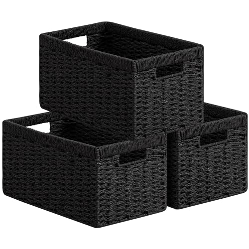 UBBCARE 3 Pack Wicker Basket, 13.4L×8.3H×7.1W inch Woven Paper Rope Storage Baskets for Shelves, Foldable Rectangular Storage Baskets with Handle, Storage Basket for Organizing, Black - color: Black, size: Rectangular- 3pack 13.4"×8.3"×7.1"
