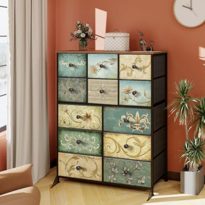 Dresser with Drawers for Bedroom Chest of Drawers Fabric Dresser for Closet,Nursery Entryway Hall Tree TV Stand for Living Room Retro Floral Pattern Drawers Wooden Top (12 Drawers) - size: 11.8"D x 39"W x 48.4"H (12 Drawers)