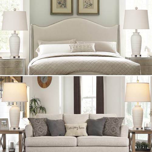 CINSARY 24.3" Farmhouse Jar Table Lamps Set of 2, 3 Way Touch Control Rustic Bedside Lamps with USB A+C Ports & AC Outlet, Pot Nightstand Lamps for Bedroom Living Room (LED Bulbs Included) - color: Cream