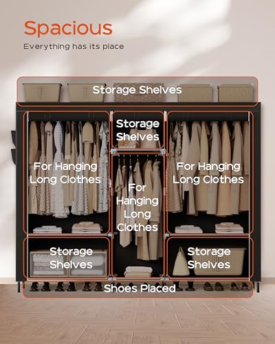 CASAMAYA Portable Closet, 77.6 Inch Extra Large Capacity Wardrobe Closet with Cover, Clothes Storage Organizer with Shelves and 3 Hanging Rods, Easy to Assembly, Black PCT223B01 - size: 77.6"L x 17.7"W x 70.9"H