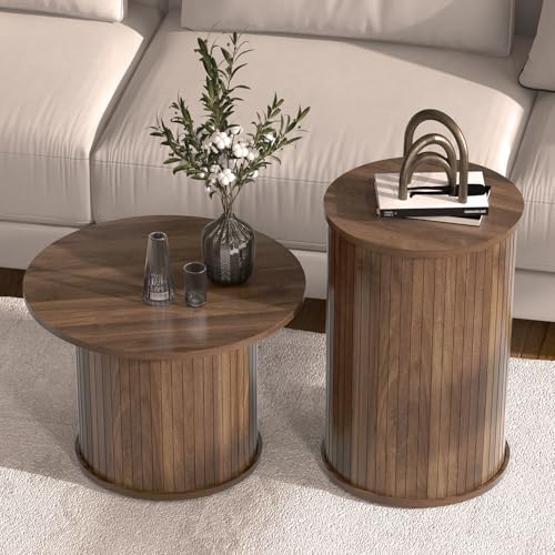 Set of 2 Round Nesting Coffee Tables for Living Room, Fluted Circle Walnut Wood Coffee and End Table Sets for Apartment, Small Spaces, Bedroom, Modern Style, Easy Assembly & Maintenance