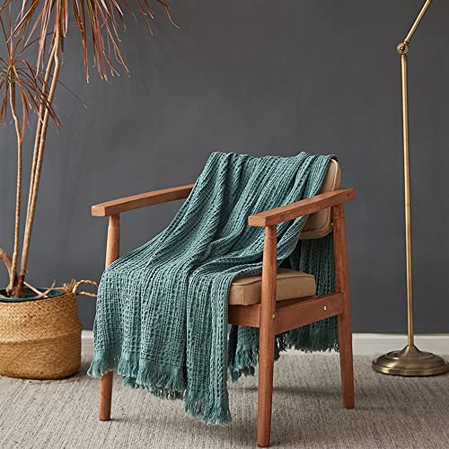 Simple&Opulence 100% Cotton Throw Blanket for Couch, Bed, Waffle Weave Cable Knit Blanket with Tassels, Soft Lightweight Pre-Washed Breathable Cozy Blanket Farmhouse Decoration for All-Season (Green) - color: Dark Green