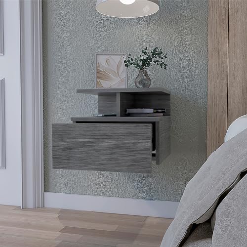 FM FURNITURE Floating Nightstand with Drawer and 2 Tier Shelf, Wall Mounted Bedside Table, Space Saving End Table for Bedroom, Smokey Oak, 14" Wide - color: Smokey Oak